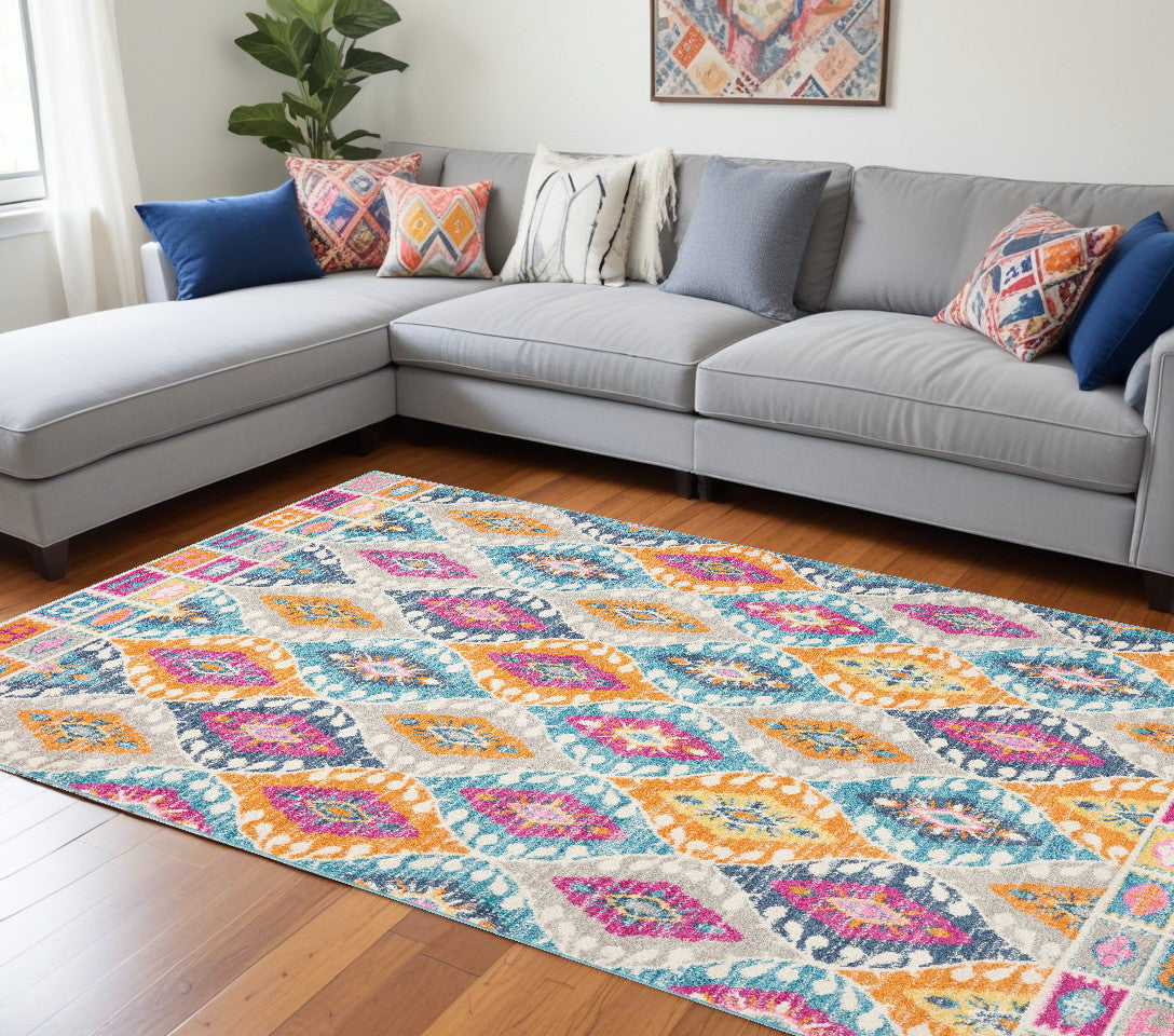 5' X 7' Blue And Pink Ogee Power Loom Area Rug