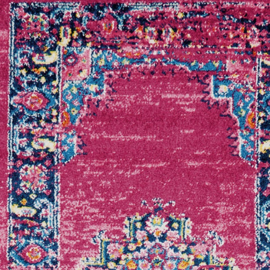 8' X 10' Fuchsia And Blue Oriental Distressed Area Rug