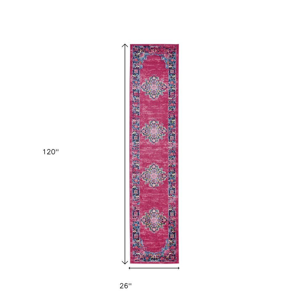 4' X 6' Fuchsia And Blue Oriental Distressed Area Rug