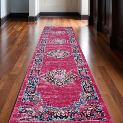 4' X 6' Fuchsia And Blue Oriental Distressed Area Rug