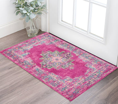 4' X 6' Fuchsia And Blue Oriental Distressed Area Rug