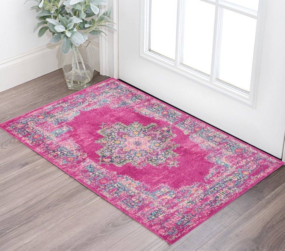4' X 6' Fuchsia And Blue Oriental Distressed Area Rug