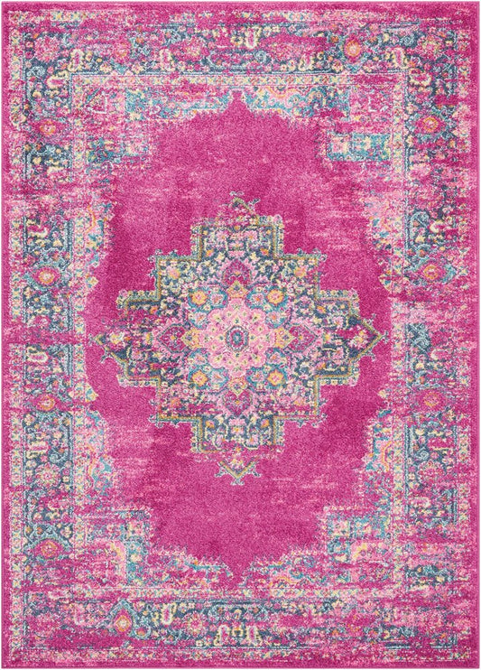 4' X 6' Fuchsia And Blue Oriental Distressed Area Rug