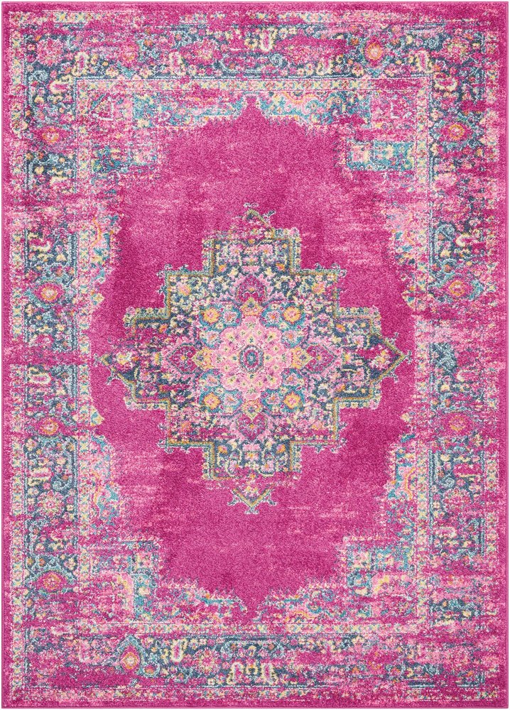 4' X 6' Fuchsia And Blue Oriental Distressed Area Rug