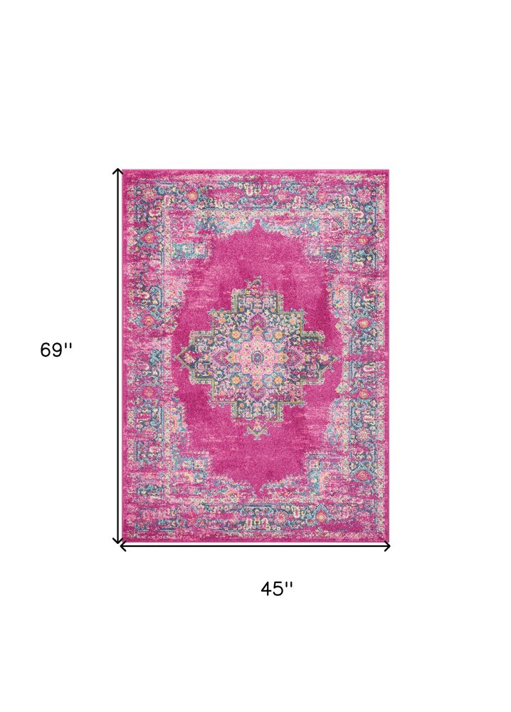 4' X 6' Fuchsia And Blue Oriental Distressed Area Rug