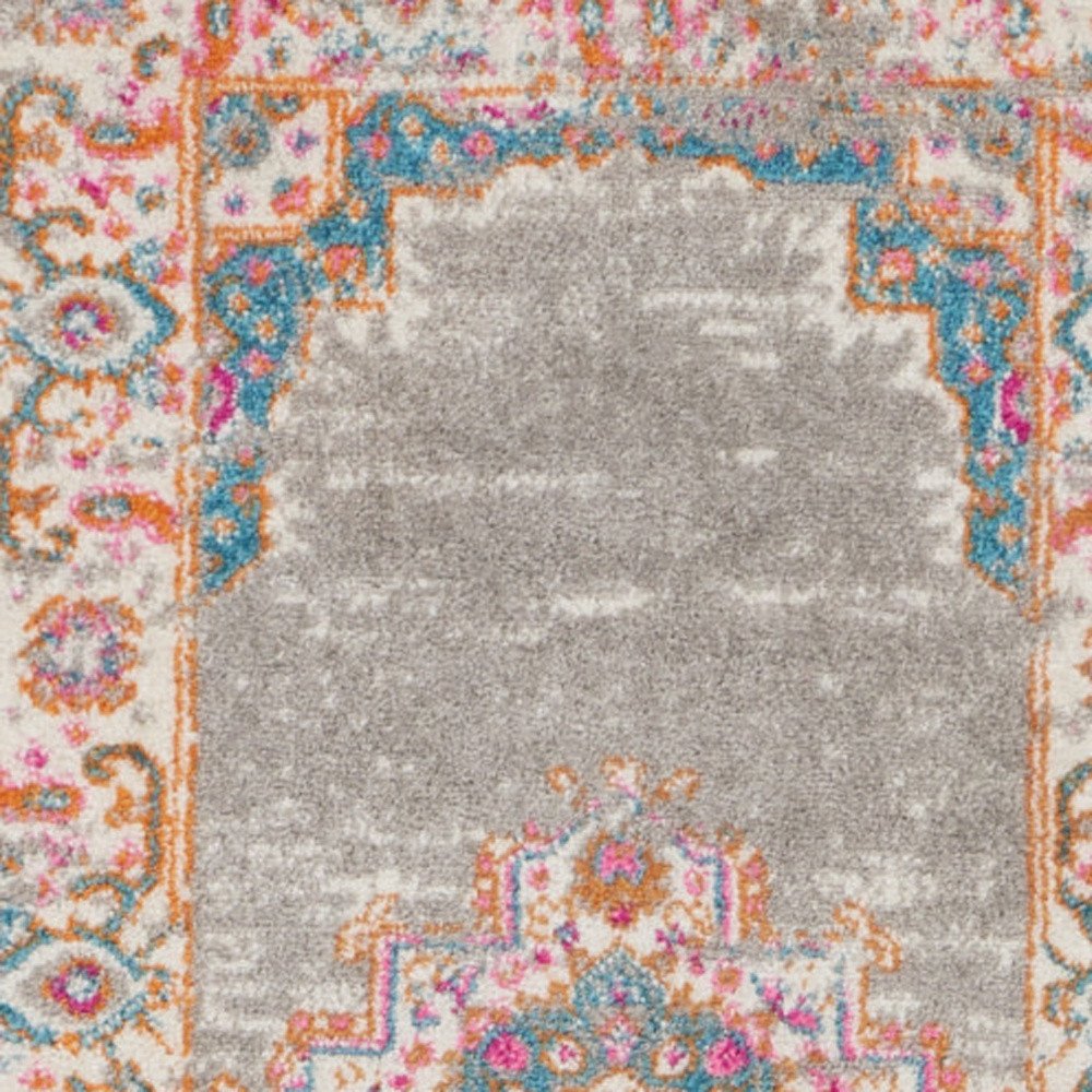 6' Gray And Gold Medallion Distressed Runner Rug
