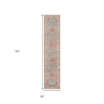 10' Gray And Gold Medallion Distressed Runner Rug
