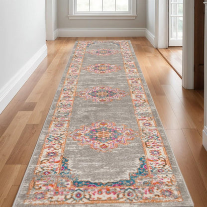 8' Gray And Gold Medallion Distressed Runner Rug