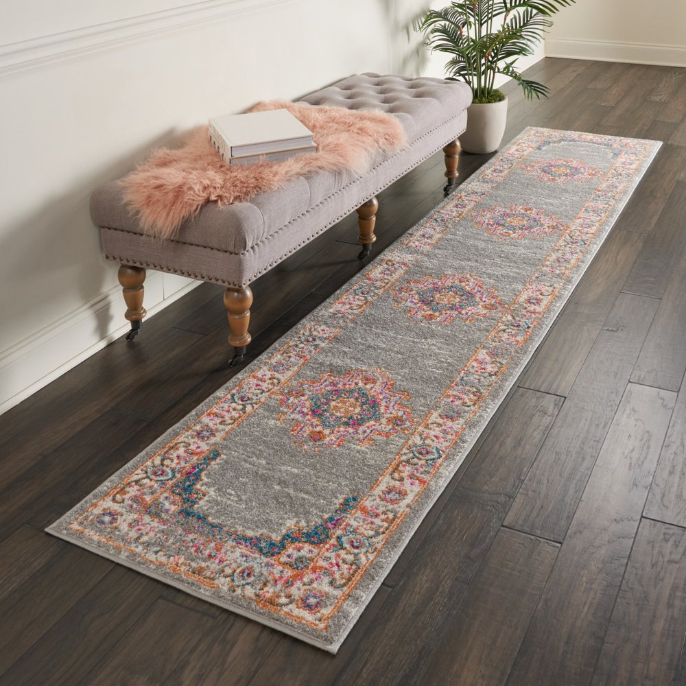 10' Gray And Gold Medallion Distressed Runner Rug