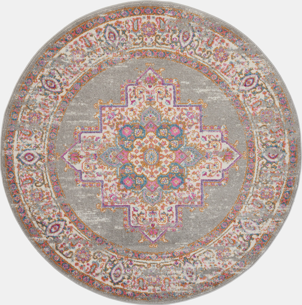 5' Gray And Gold Medallion Distressed Round Rug