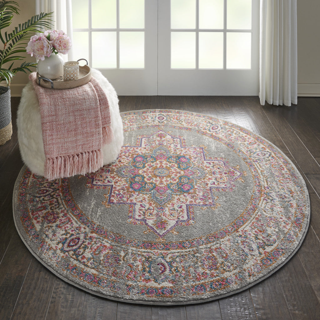 5' Gray And Gold Medallion Distressed Round Rug