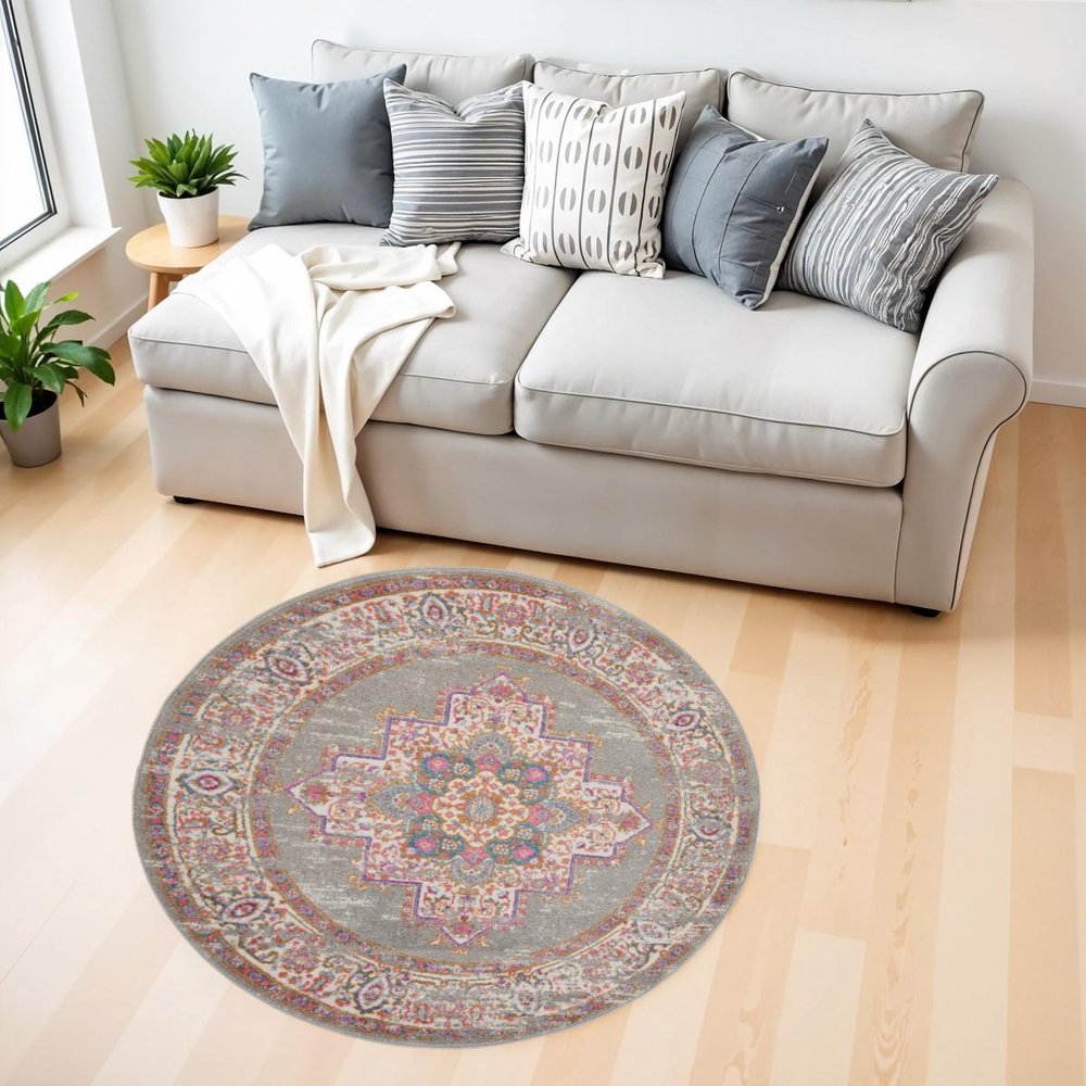 5' Gray And Gold Medallion Distressed Round Rug