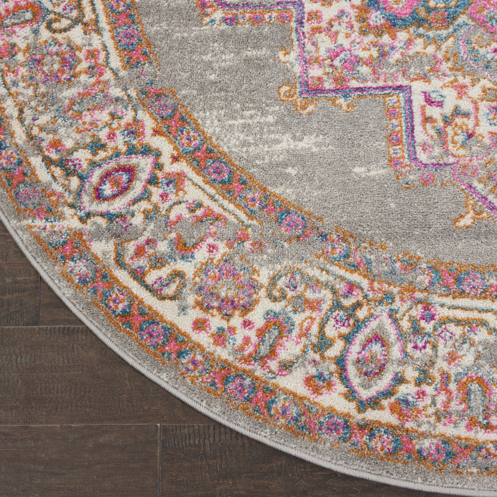 5' Gray And Gold Medallion Distressed Round Rug