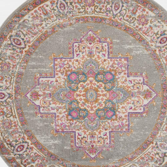 4' Gray And Gold Medallion Distressed Round Rug