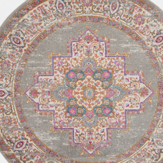 8' Gray And Gold Medallion Distressed Round Rug
