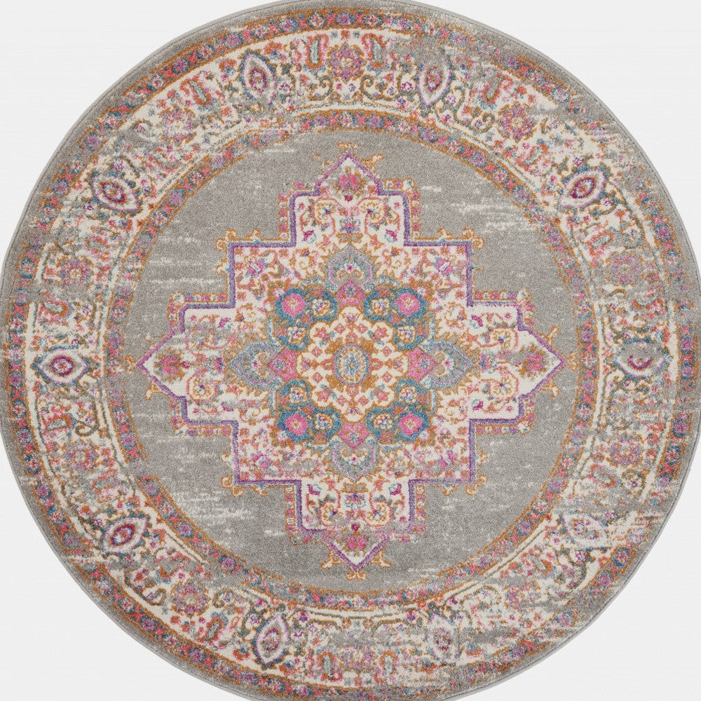 5' Gray And Gold Medallion Distressed Round Rug