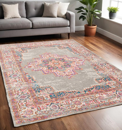 7' X 10' Gray And Gold Medallion Distressed Area Rug