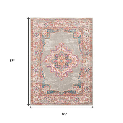 5' X 7' Gray And Gold Medallion Distressed Area Rug
