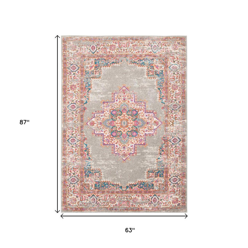 5' Gray And Gold Medallion Distressed Round Rug