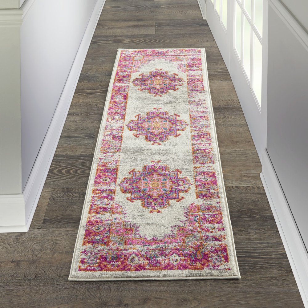 4' X 6' Ivory And Fuchsia Oriental Distressed Area Rug