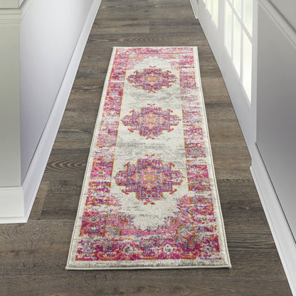 4' Ivory And Fuchsia Oriental Distressed Round Rug