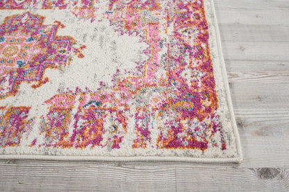 4' Ivory And Fuchsia Oriental Distressed Round Rug