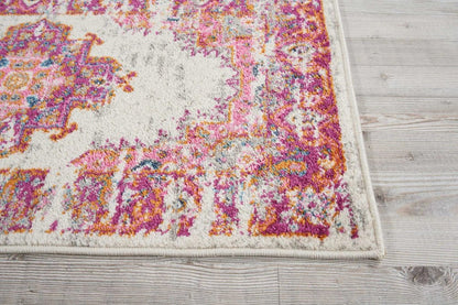 6' Ivory And Fuchsia Oriental Distressed Runner Rug