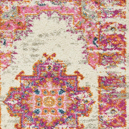 4' Ivory And Fuchsia Oriental Distressed Round Rug