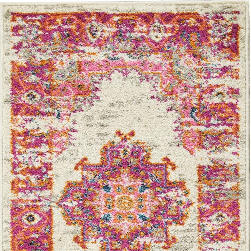 4' Ivory And Fuchsia Oriental Distressed Round Rug