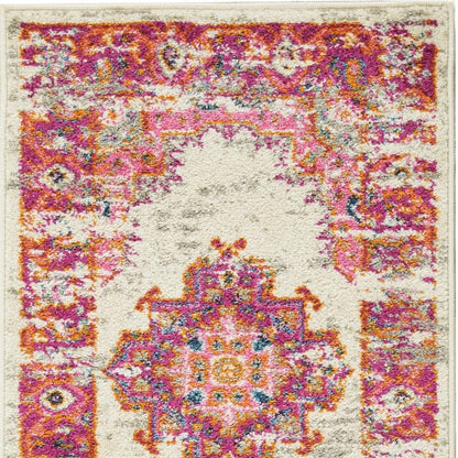4' X 6' Ivory And Fuchsia Oriental Distressed Area Rug