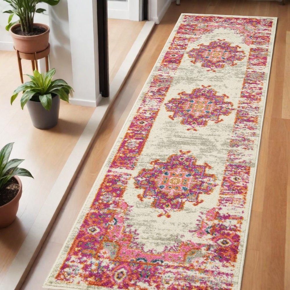 4' Ivory And Fuchsia Oriental Distressed Round Rug