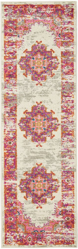 4' Ivory And Fuchsia Oriental Distressed Round Rug