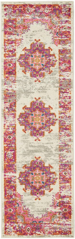 6' Ivory And Fuchsia Oriental Distressed Runner Rug