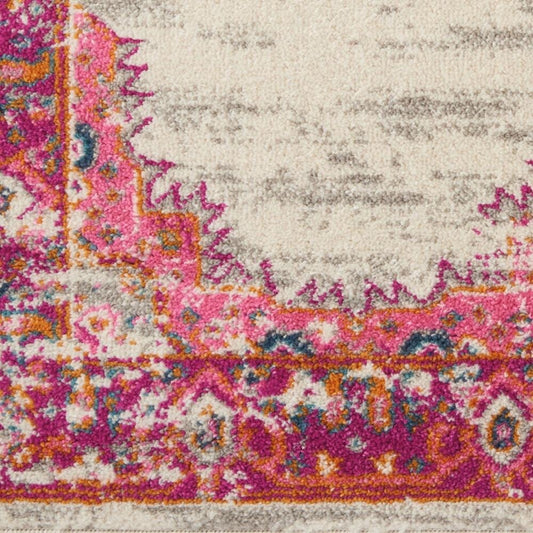 8' Ivory And Fuchsia Oriental Distressed Runner Rug