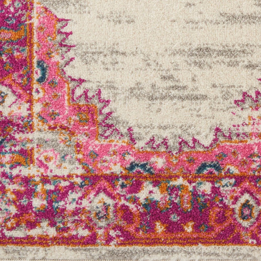 5' Ivory And Fuchsia Oriental Distressed Round Rug