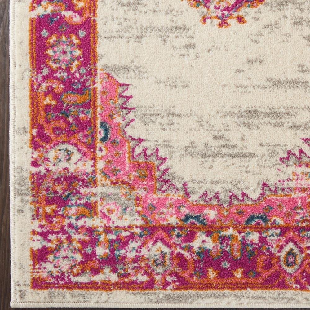 6' Ivory And Fuchsia Oriental Distressed Runner Rug