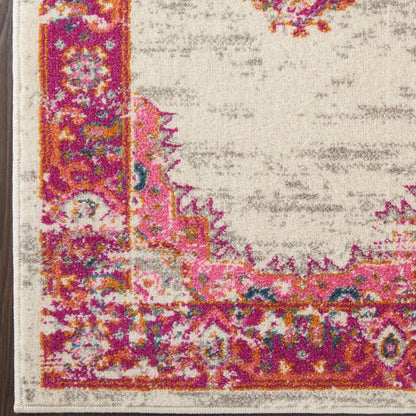 6' Ivory And Fuchsia Oriental Distressed Runner Rug