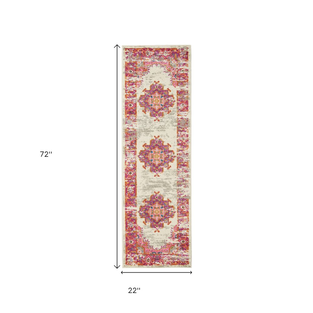 4' X 6' Ivory And Fuchsia Oriental Distressed Area Rug