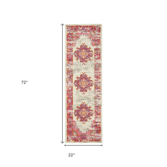 4' X 6' Ivory And Fuchsia Oriental Distressed Area Rug
