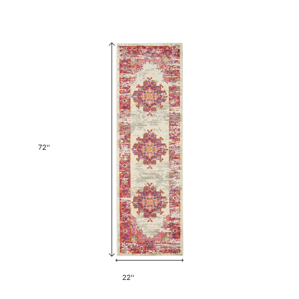 6' Ivory And Fuchsia Oriental Distressed Runner Rug