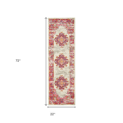 6' Ivory And Fuchsia Oriental Distressed Runner Rug