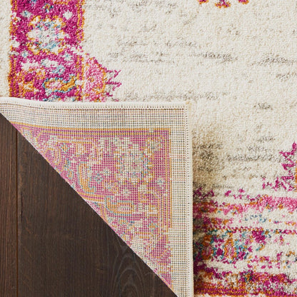 4' Ivory And Fuchsia Oriental Distressed Round Rug