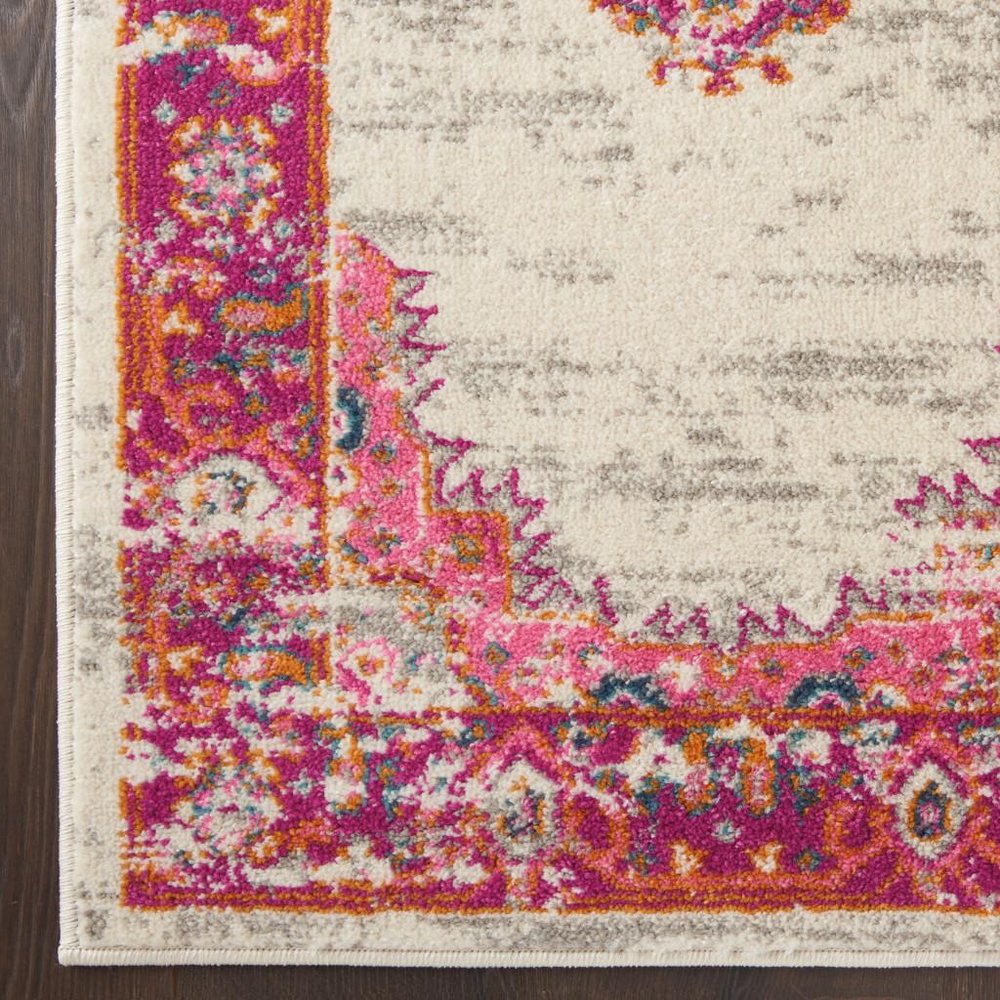 6' Ivory And Fuchsia Oriental Distressed Runner Rug