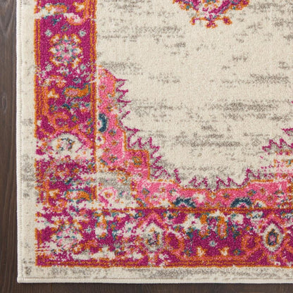 6' Ivory And Fuchsia Oriental Distressed Runner Rug