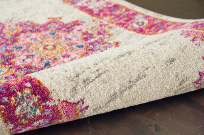 4' Ivory And Fuchsia Oriental Distressed Round Rug