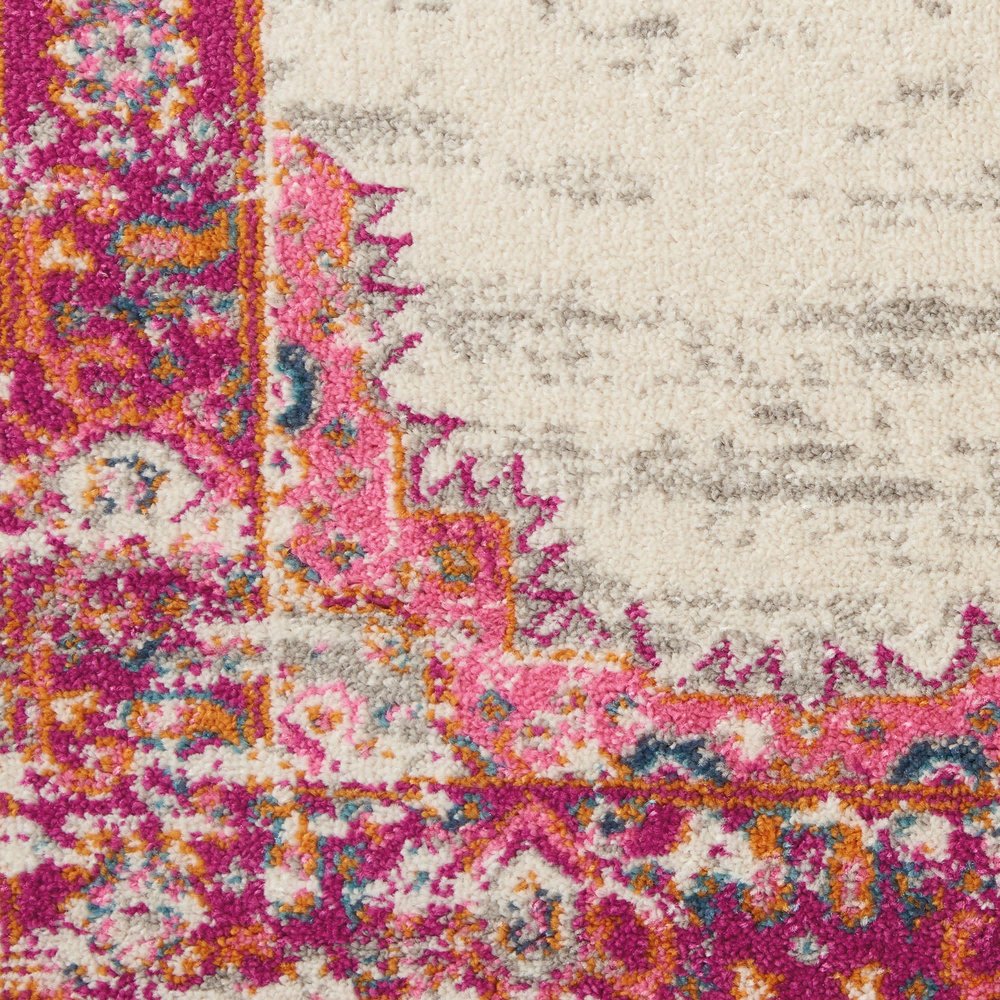 6' Ivory And Fuchsia Oriental Distressed Runner Rug