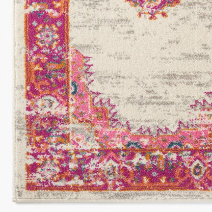 4' Ivory And Fuchsia Oriental Distressed Round Rug