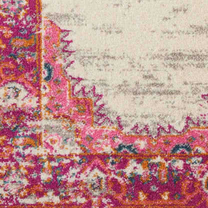 4' Ivory And Fuchsia Oriental Distressed Round Rug