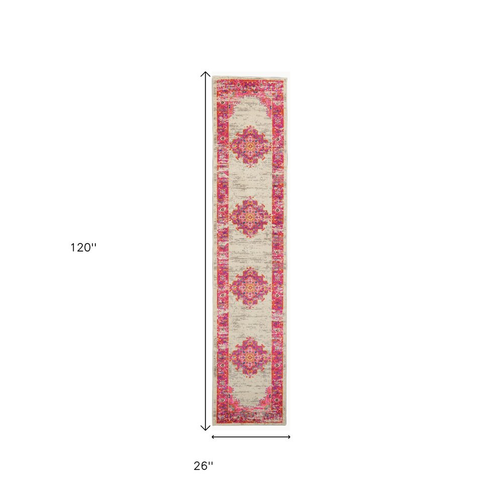4' Ivory And Fuchsia Oriental Distressed Round Rug