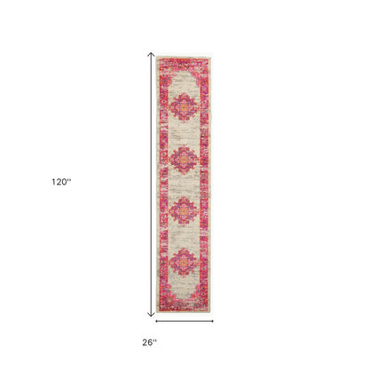 4' Ivory And Fuchsia Oriental Distressed Round Rug
